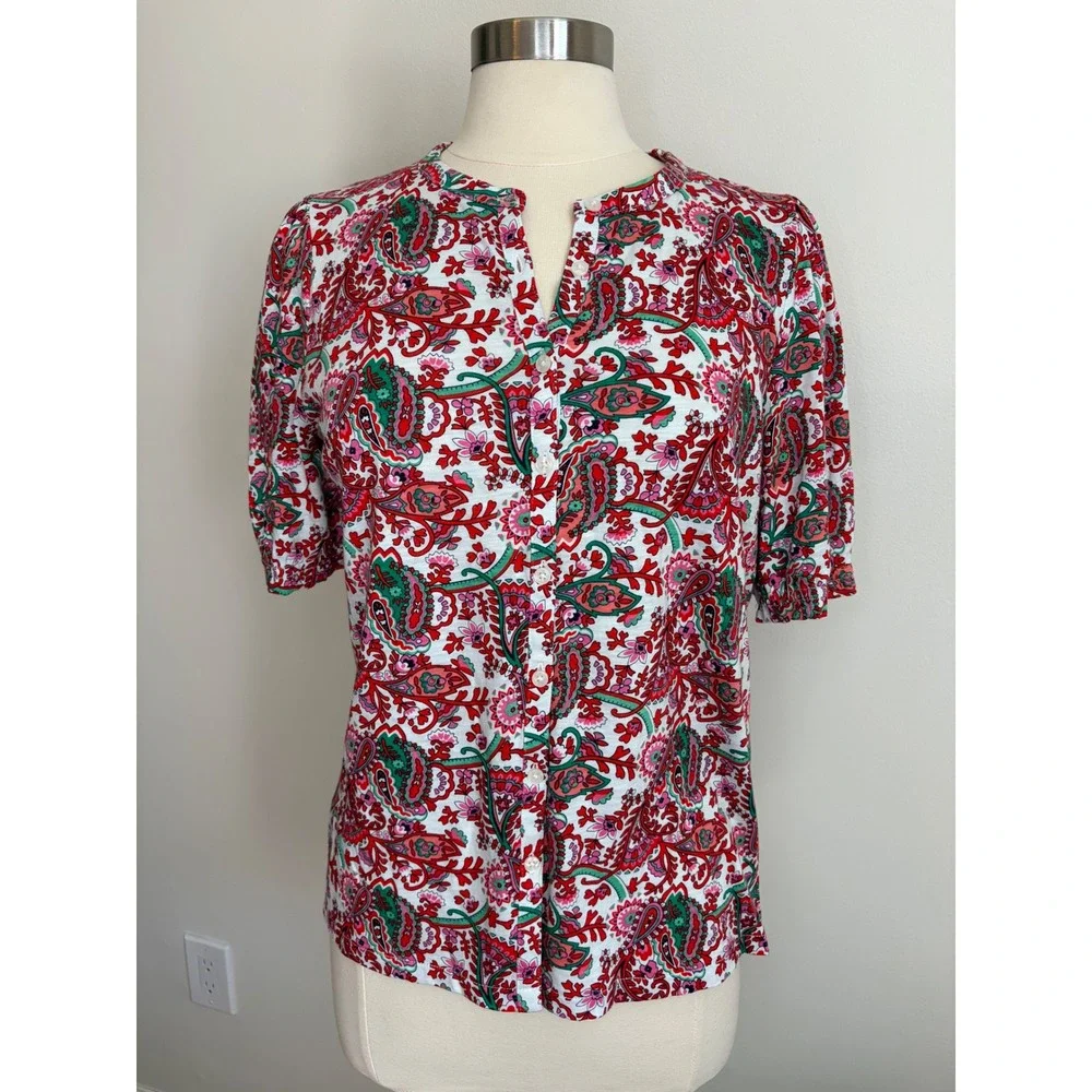 Boden Red Green Paisley Floral Cotton Tencel Modal Button Down Shirt 10 Boho